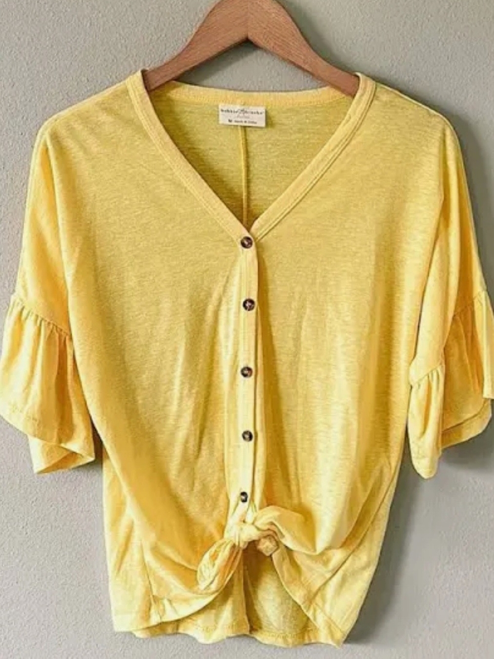 Bobbie Brooks Yellow Button-Front V-Neck Tie-Hem Top